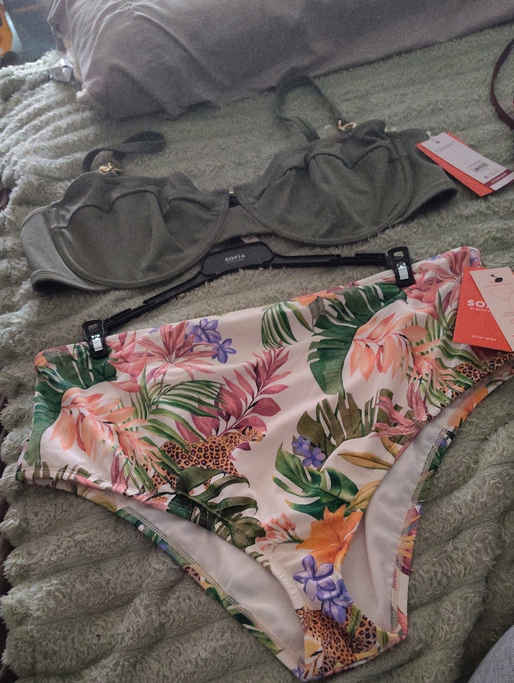 Palm Floral High-Waist Bikini Bottom with Olive Underwire Top